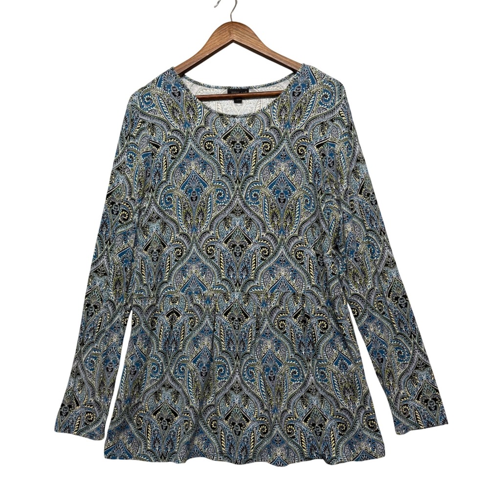 J. Jill Tunic Top Women L Paisley‎ Long Sleeve Scoop Neck Peplum Stretch Boho